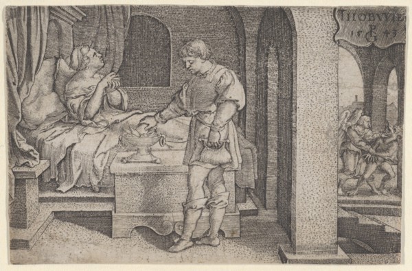 Tobiolus Makes a Propitiatory Sacrifice, from The Story of Tobias, 1543. Creator: Georg Pencz.
