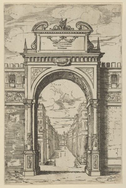 Triumphal arch surmounted by a statue of Moses, buildings seen through the arch below, a t..., 1598. Creator: Guido Reni.