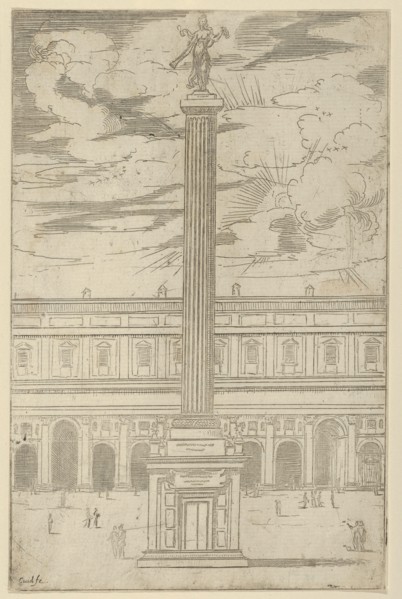 Triumphal column with female figure of Fame holding a trumpet at the top, a temporary deco..., 1598. Creator: Guido Reni.