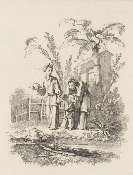 Two Women Leading a Child toward a Teapot on a Table near a Pond, ca. 1742. Creator: Gabriel Huquier.