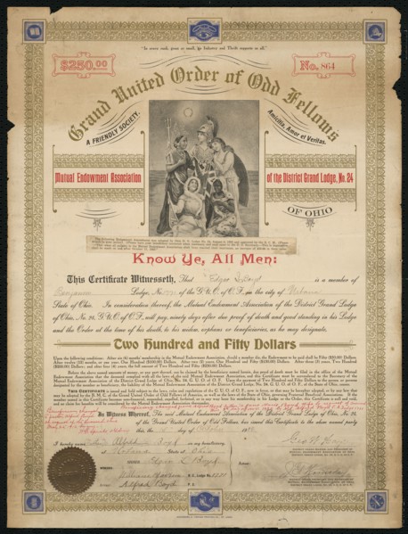 Certificate of endowment for the Grand United Order of Odd Fellows, October 15, 1908. Creator: Unknown.