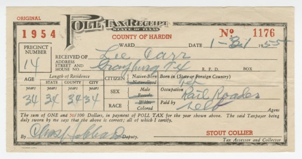 Poll tax receipt for Lee Carr from Hardin County, Texas, 1955. Creator: Unknown.