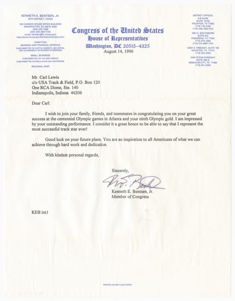 Letter from US Representative Kenneth E. Bentsen, Jr. to Carl Lewis, August 14, 1996. Creator: Unknown.