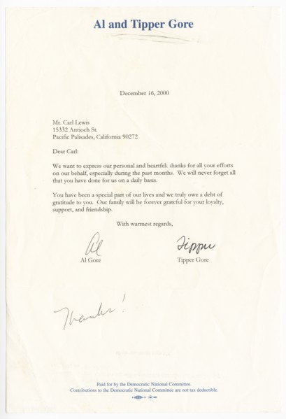 Letter from Vice President Al Gore and his wife Tipper Gore to Carl Lewis, December 16, 2000. Creators: Unknown, Al Gore.