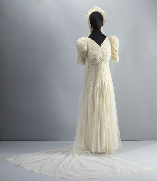 Wedding dress worn by Lollaretta Pemberton with veil and headpiece, 1939. Creator: Unknown.