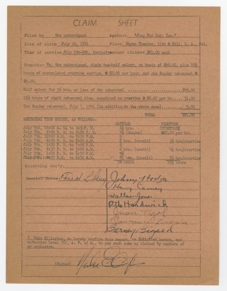 Claim sheet for unpaid salary for orchestra musicians, 1941. Creator: Unknown.