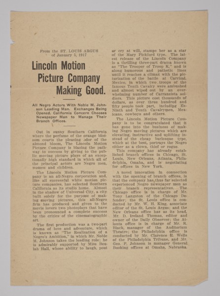 Press Release from the Lincoln Motion Picture Company, January 5, 1917. Creator: Unknown.