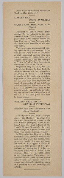 Press release from the Lincoln Motion Picture Company, May 21, 1917. Creator: Unknown.
