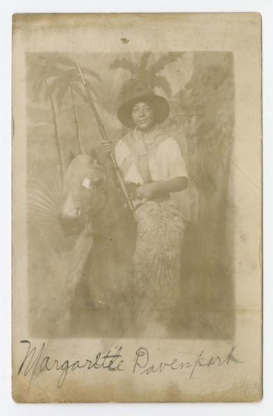 Photographic postcard portrait of Margarette Davenport in costume, early 20th century. Creator: Unknown.