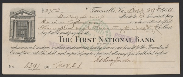 Bill of exchange between Carrie Jordan and Nelson Jordan, September 29, 1909. Creator: Unknown.