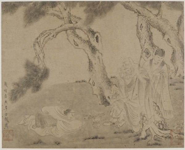 Luohan, attendant, and worshipper under pines, Yuan or Ming dynasty, 1279-1644. Creator: Unknown.