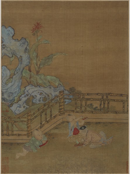 Three children playing on a garden terrace, Ming dynasty, 1368-1644. Creator: Unknown.