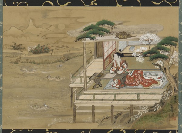 Murasaki Shikibu composing the Tale of Genji at Ishiyamadera, Edo period, 19th century. Creator: Gakutei.