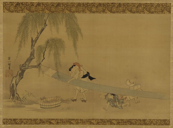 Woman stretching cloth to dry; two children at play, Edo period, late 17th-early 18th century. Creator: Hanabusa Itcho.