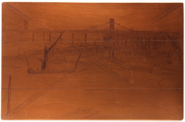 Etching plate: Old Hungerford Bridge, 1861. Creator: James Abbott McNeill Whistler.