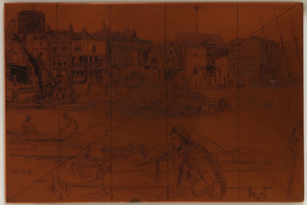 Etching plate: Black Lion Wharf, 1859. Creator: James Abbott McNeill Whistler.