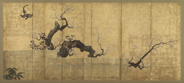 Blossoming Plum and Camellia in a Garden Landscape, Edo period, late 16th-early 17th century. Creator: Kano Koi.