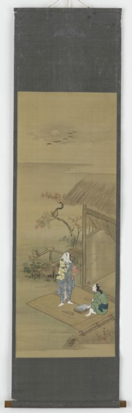 Two peasant girls beating cloth outside a house, Edo period, 18th century. Creator: Shunsho.