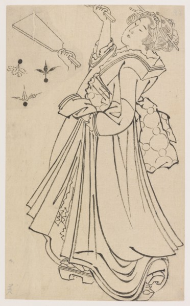 Girl playing with a battledore and shuttlecock, late 18th-early 19th century. Creator: Hokusai.