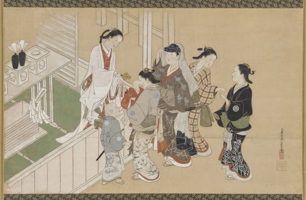 Infant's first visit to a Shinto shrine, Edo period, late 17th-early 18th century. Creator: Nishikawa Sukenobu.