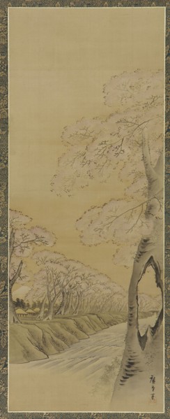 Landscape: flowering cherry trees along the banks of a stream, Edo period, 1615-1868. Creator: Utagawa Hiroshige II.