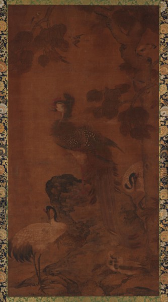 A Phoenix and two cranes under a tree, Ming dynasty, 16th-17th century. Creator: Unknown.