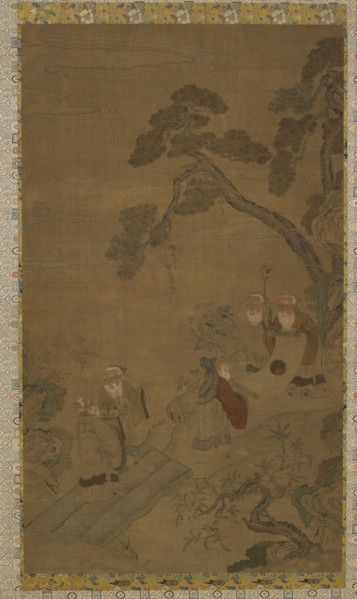 Tapestry: five sages in a garden under pines, Ming dynasty to Qing dynasty, 1368-1911. Creator: Unknown.