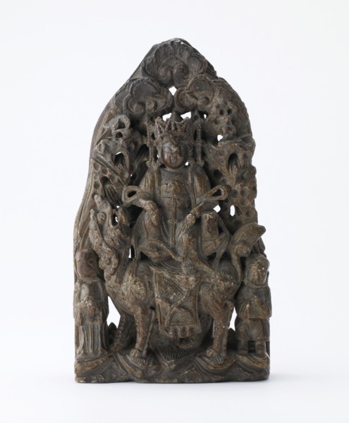 Small soapstone tablet, with pierced relief of Manjusri on lion, Period of Division, dated 543. Creator: Unknown.