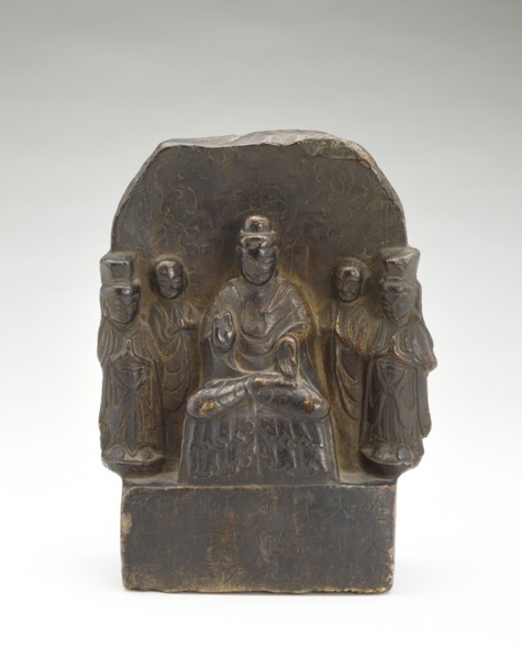 Seated Buddha (Shakyamuni) with standing monks and bodhisattvas..., Period of Division, 535. Creator: Unknown.