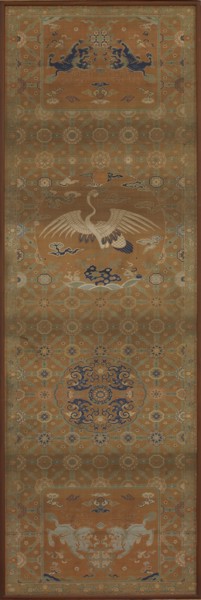 Chair cover with a crane, lions, dragons, auspicious symbols..., Qing dynasty, 18th century. Creator: Unknown.