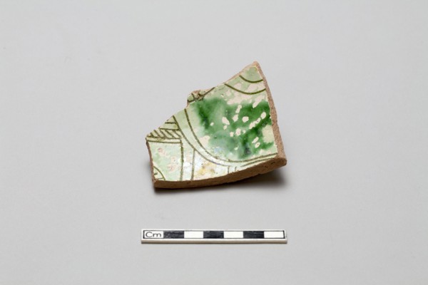sherd, red body, white slip, green glaze, Mamluk period, 1250-1516. Creator: Unknown.