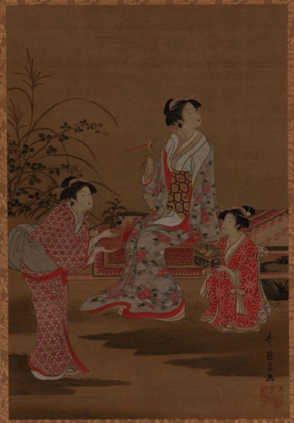 Young woman, with two girl attendants, seated in a garden, Edo period, 1615-1868. Creator: Unknown.