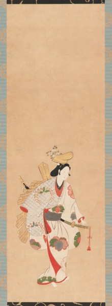 Dancer in a white dress, patterned with colored leaves..., Edo period, Kambun era, 1661-1673. Creator: Unknown.