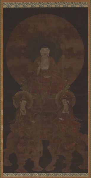 Historical Buddha Shakyamuni with the bodhisattvas Fugen..., Muromachi period, 15th century. Creator: Unknown.
