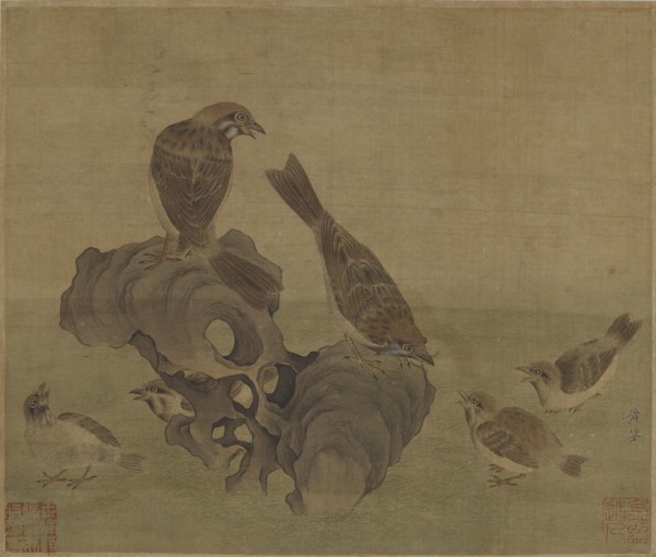 Sparrows feeding their young, Ming or Qing dynasty, (17th century?). Creator: Unknown.