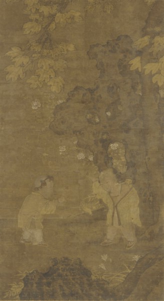 Two boys playing with the puppet of a lion, Ming dynasty, 15th-16th century. Creator: Unknown.