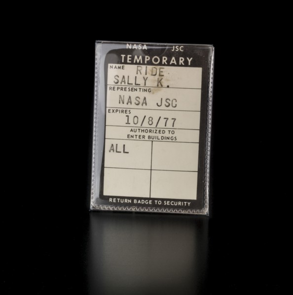 NASA JSC temporary badge belonging to Sally K. Ride, 1977. Creator: Unknown.