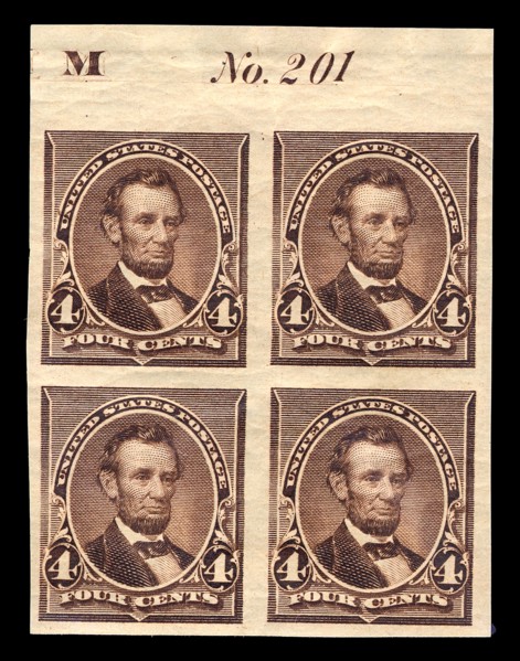 4c Abraham Lincoln proof plate block of four, June 2, 1890. Creator: American Bank Note Company.