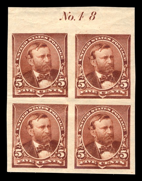 5c Ulysses S. Grant proof plate block of four, June 2, 1890. Creator: American Bank Note Company.