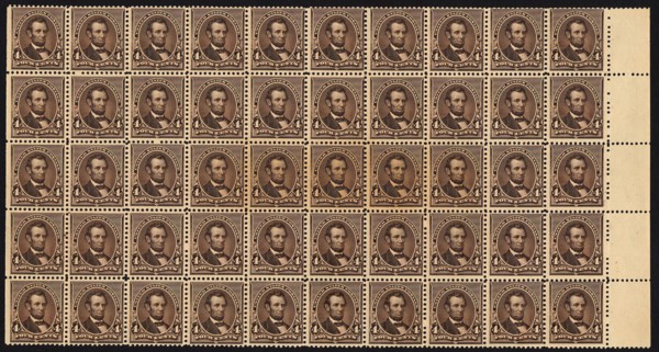 4c Abraham Lincoln block of fifty, June 2, 1890. Creator: American Bank Note Company.