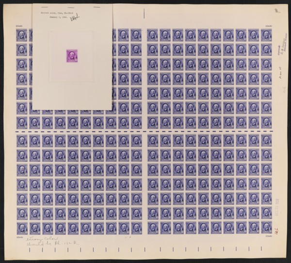 3c American Authors Ralph Waldo Emerson die proof attached to plate proof, 14612. Creator: Bureau of Engraving and Printing.