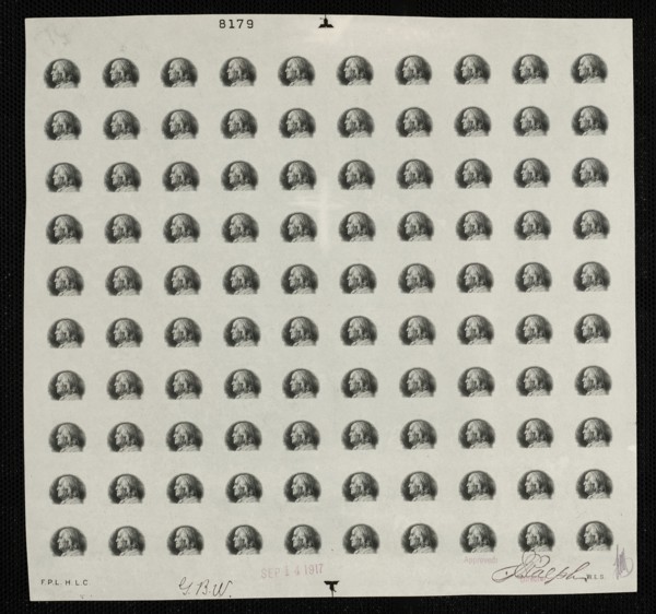 $5 Franklin vignette plate proof, Sept. 14, 1917. Creator: Bureau of Engraving and Printing.