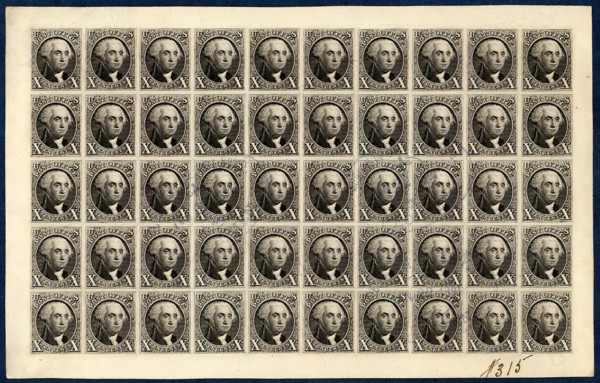10c Washington reproduction plate proof on card sheet of fifty, 1891. Creator: Bureau of Engraving and Printing.