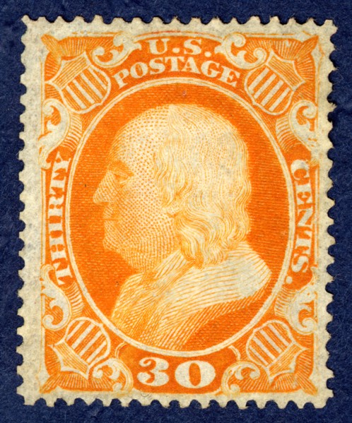 30c Franklin single, 1860. Creators: Toppan, Carpenter & Company, Toppan Carpenter Casilear.
