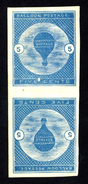 5c Buffalo Balloon imperforate vertical pair, 1877. Creator: Unknown.