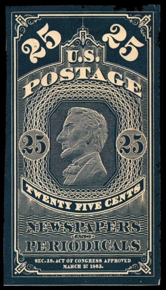 25c Abraham Lincoln Newspapers and Periodicals trial color proof, 1865. Creator: Unknown.
