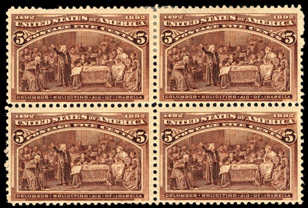 5c Columbus Soliciting Aid from Queen Isabella block of four, 1893. Creator: Unknown.