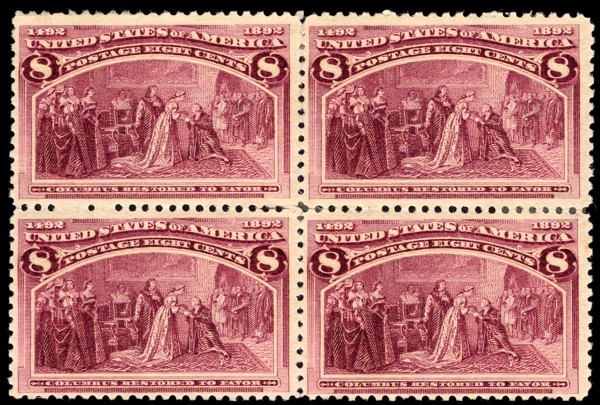 8c Columbus Restored to Favor block of four, 1893. Creator: Unknown.