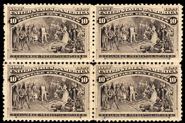 10c Columbus Presenting Natives block of four, 1893. Creator: Unknown.