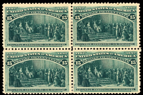 15c Columbus Announcing His Discovery block of four, 1893. Creator: Unknown.